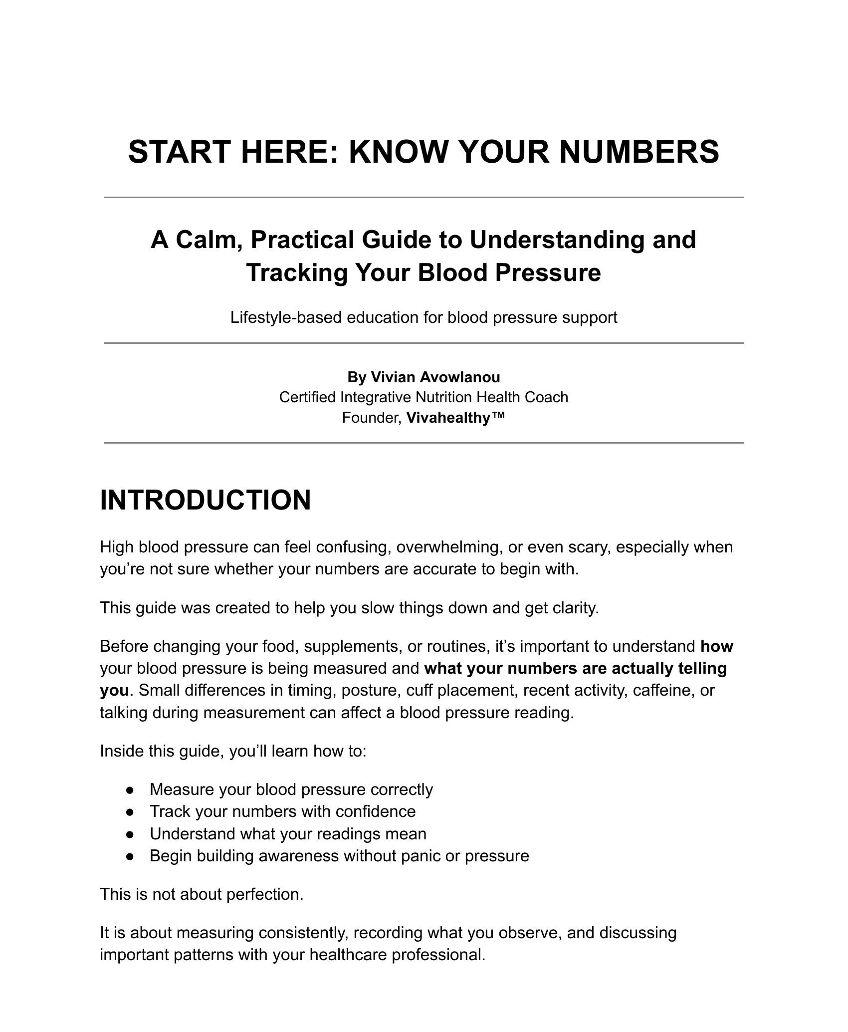 First page of the Know Your Numbers guide, titled Start Here: Know Your Numbers — A Calm, Practical Guide to Understanding and Tracking Your Blood Pressure by Vivian Avowlanou.