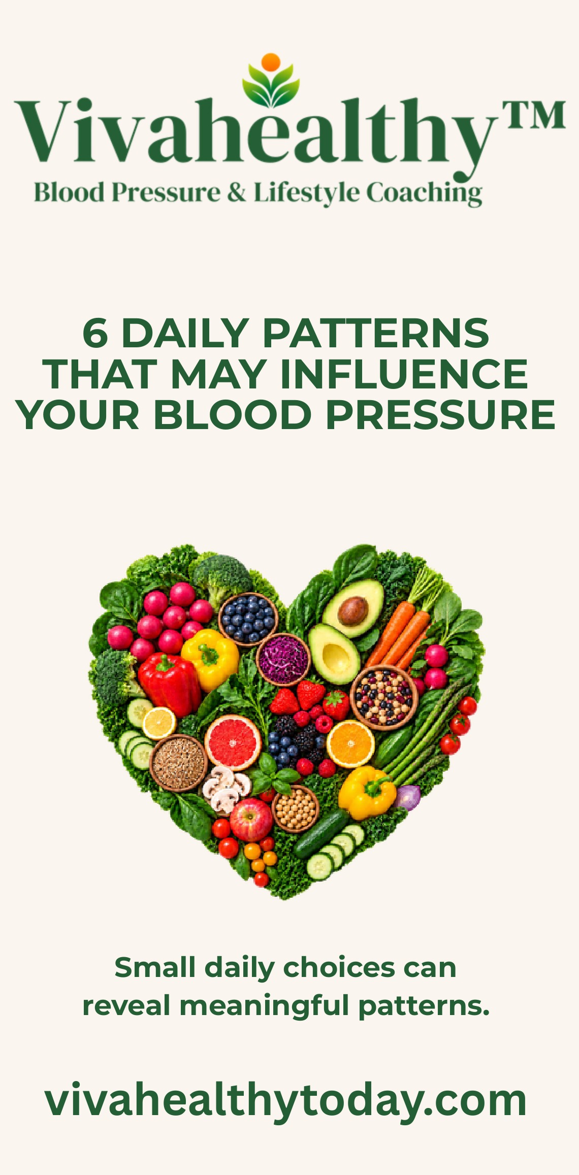 Front cover of the Vivahealthy brochure: 6 Daily Patterns That May Influence Your Blood Pressure, with a heart made of fruits and vegetables.